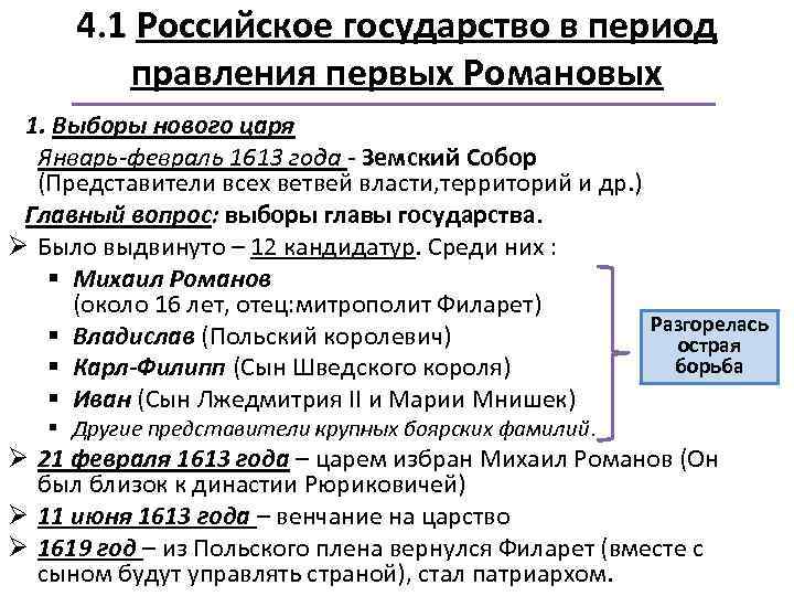 4. 1 Российское государство в период правления первых Романовых 1. Выборы нового царя Январь-февраль