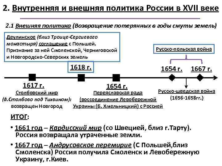 2. Внутренняя и внешняя политика России в XVII веке 2. 1 Внешняя политика (Возвращение
