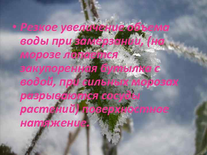  • Резкое увеличение объема воды при замерзании, (на морозе лопается закупоренная бутылка с