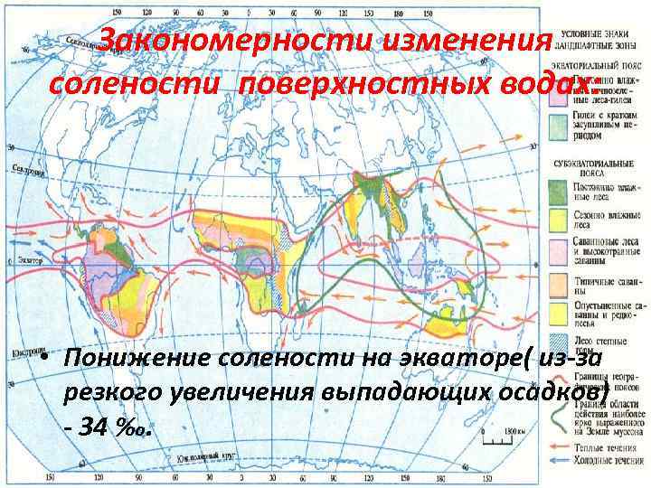 Закономерности изменения солености поверхностных водах: • Понижение солености на экваторе( из-за резкого увеличения выпадающих