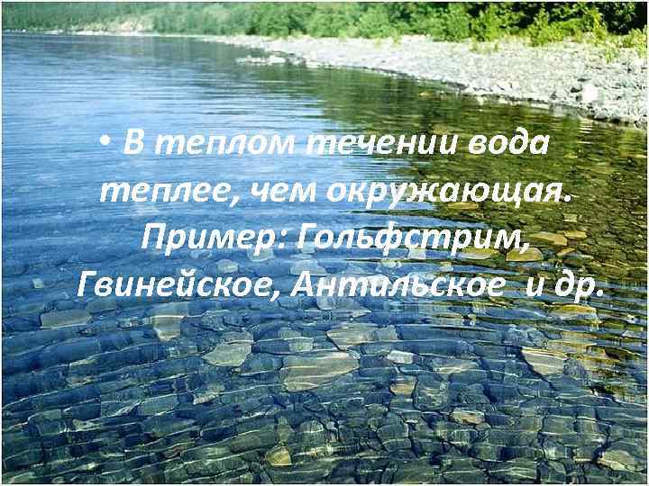  • В теплом течении вода теплее, чем окружающая. Пример: Гольфстрим, Гвинейское, Антильское и