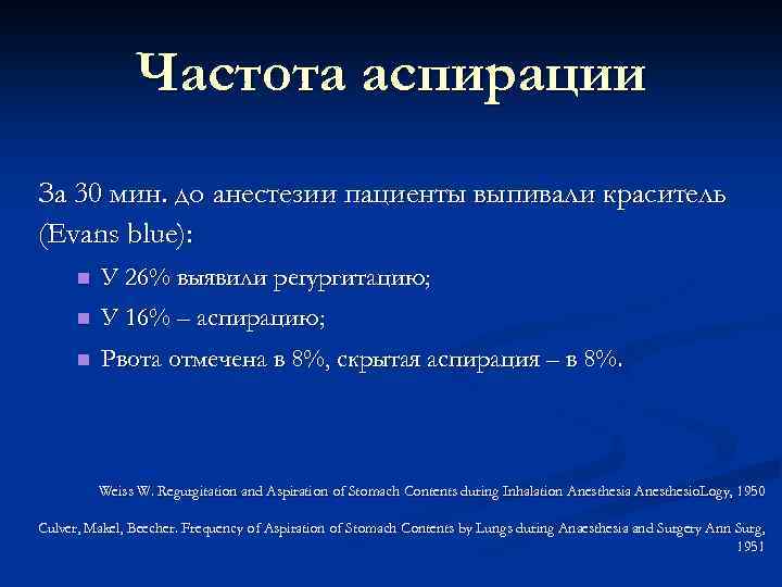 Частота аспирации За 30 мин. до анестезии пациенты выпивали краситель (Evans blue): n У