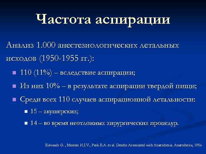 Частота аспирации Анализ 1. 000 анестезиологических летальных исходов (1950 -1955 гг. ): n 110
