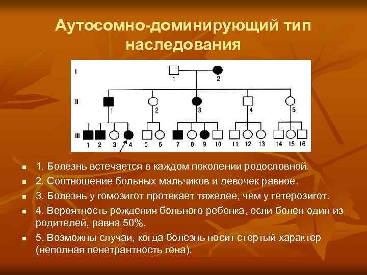 Аутосомно-доминирующий тип наследования n n n 1. Болезнь встечается в каждом поколении родословной. 2.