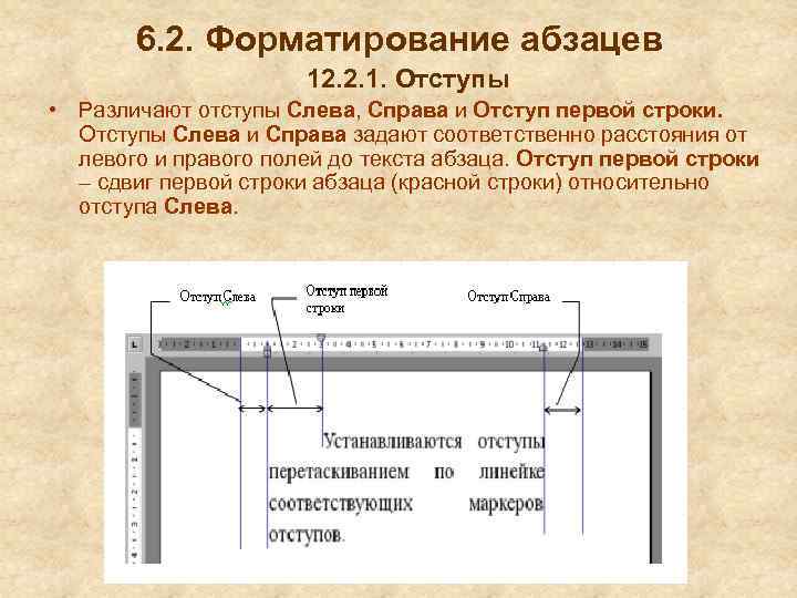 6. 2. Форматирование абзацев 12. 2. 1. Отступы • Различают отступы Слева, Справа и