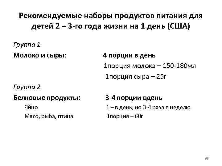 Рекомендуемые наборы продуктов питания для детей 2 – 3 -го года жизни на 1