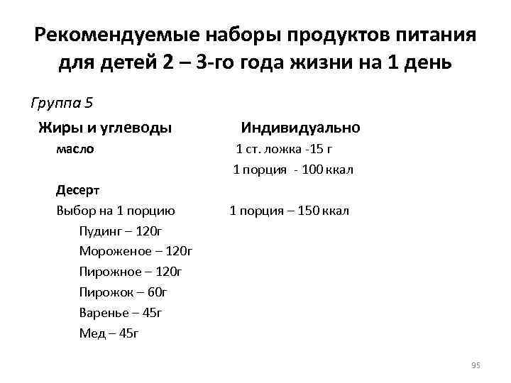 Рекомендуемые наборы продуктов питания для детей 2 – 3 -го года жизни на 1