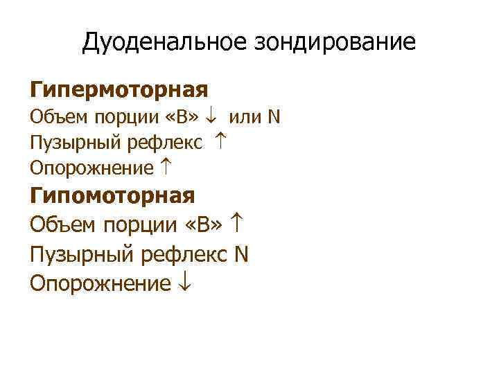 Дуоденальное зондирование Гипермоторная Объем порции «В» или N Пузырный рефлекс Опорожнение Гипомоторная Объем порции