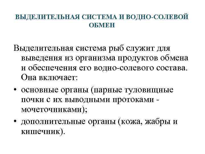 ВЫДЕЛИТЕЛЬНАЯ СИСТЕМА И ВОДНО-СОЛЕВОЙ ОБМЕН Выделительная система рыб служит для выведения из организма продуктов