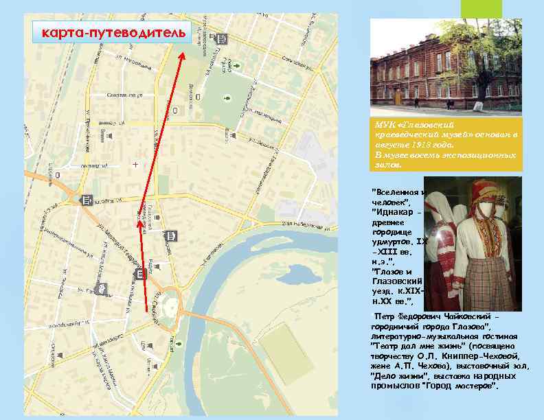 карта-путеводитель МУК «Глазовский краеведческий музей» основан в августе 1918 года. В музее восемь экспозиционных