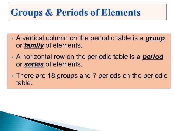 Groups & Periods of Elements A vertical column on the periodic table is a
