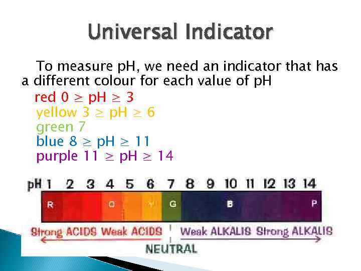 Universal Indicator To measure p. H, we need an indicator that has a different
