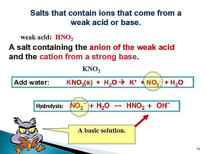 Salts that contain ions that come from a weak acid or base. weak acid: