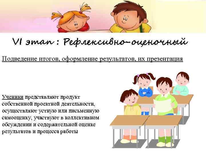 VI этап : Рефлексивно-оценочный Подведение итогов, оформление результатов, их презентация Ученики представляют продукт собственной