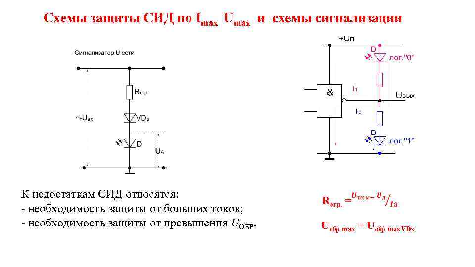 Схемы защиты СИД по Imax Umax и схемы сигнализации К недостаткам СИД относятся: необходимость