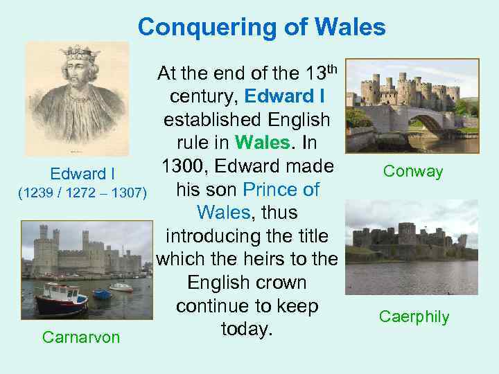 Conquering of Wales Edward I (1239 / 1272 – 1307) Carnarvon At the end