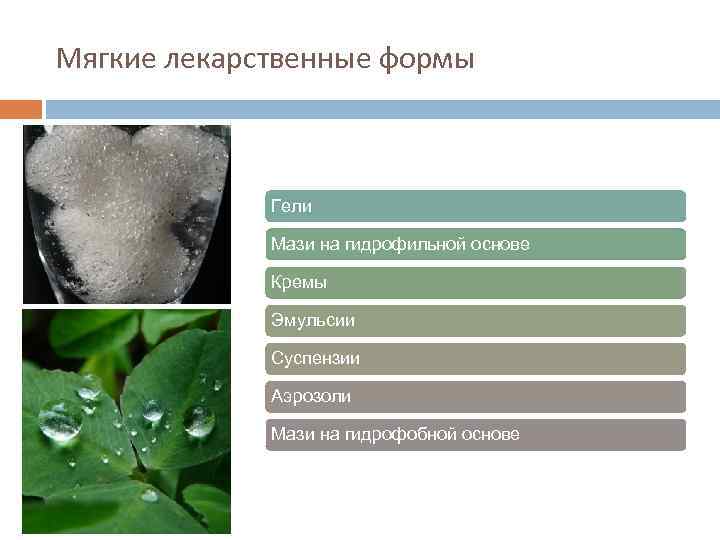 Мягкие лекарственные формы Гели Мази на гидрофильной основе Кремы Эмульсии Суспензии Аэрозоли Мази на