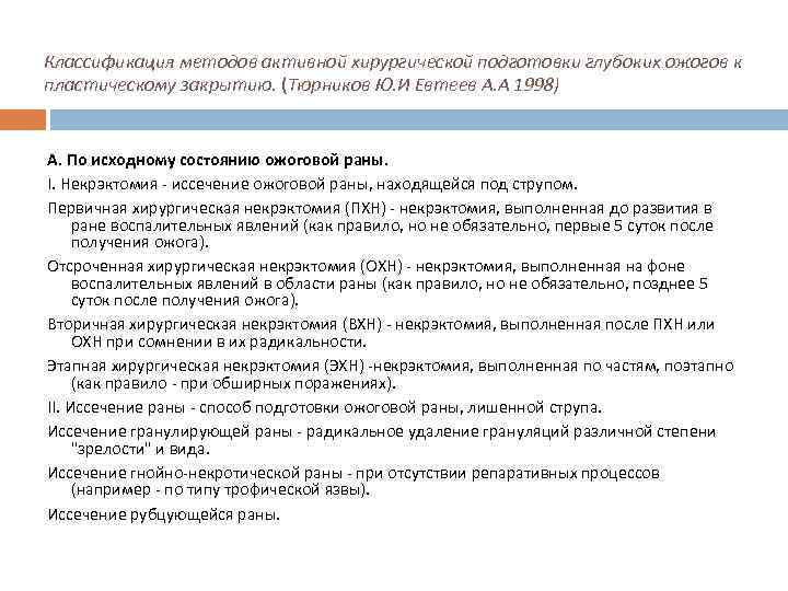 Классификация методов активной хирургической подготовки глубоких ожогов к пластическому закрытию. (Тюрников Ю. И Евтеев