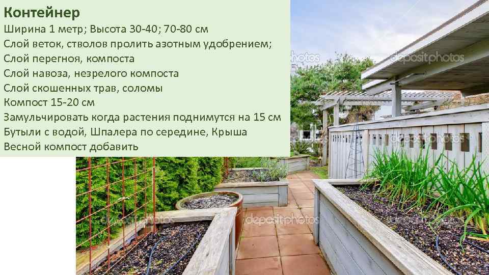 Контейнер Ширина 1 метр; Высота 30 -40; 70 -80 см Слой веток, стволов пролить