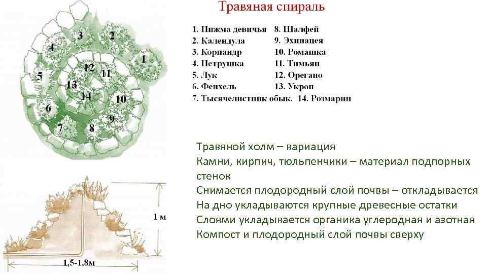 Травяной холм – вариация Камни, кирпич, тюльпенчики – материал подпорных стенок Снимается плодородный слой