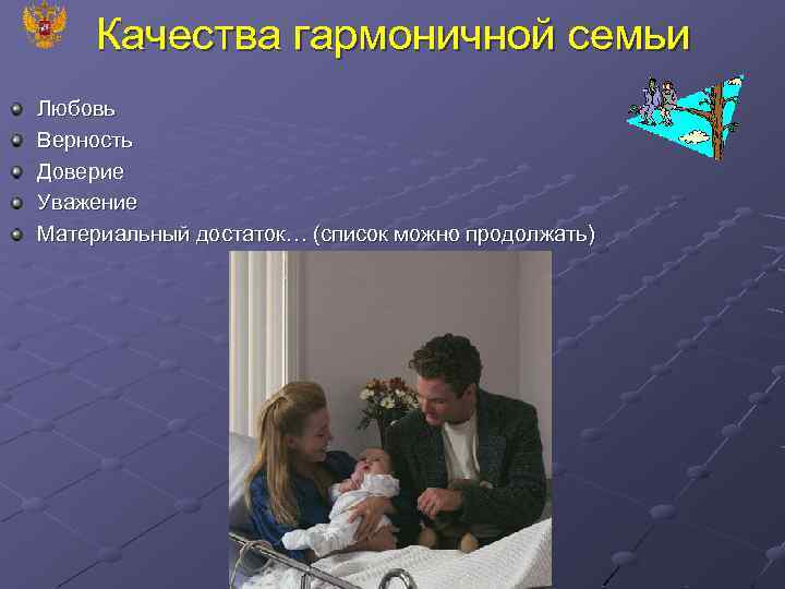 Качества гармоничной семьи Любовь Верность Доверие Уважение Материальный достаток… (список можно продолжать) 