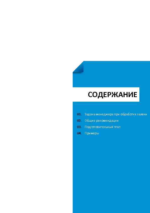 СОДЕРЖАНИЕ 01. Задача менеджера при обработке заявки 02. Общие рекомендации 03. Подготовительный этап 04.
