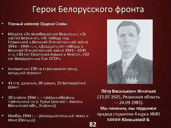 Герои Белорусского фронта • Полный кавалер Ордена Славы • Медали «За освобождение Варшавы» ,