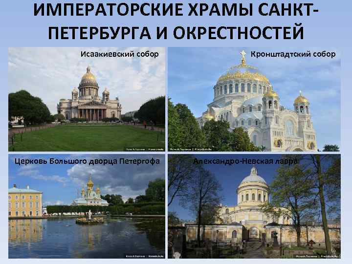 ИМПЕРАТОРСКИЕ ХРАМЫ САНКТПЕТЕРБУРГА И ОКРЕСТНОСТЕЙ Исаакиевский собор Церковь Большого дворца Петергофа Кронштадтский собор Александро-Невская