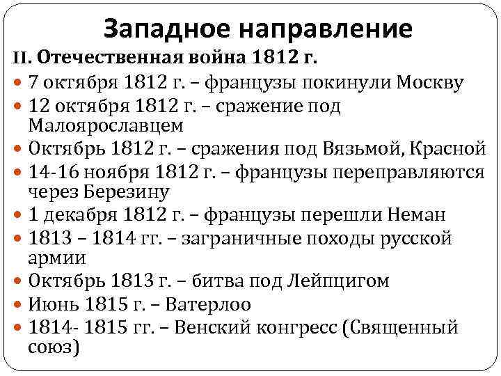 Западное направление II. Отечественная война 1812 г. 7 октября 1812 г. – французы покинули