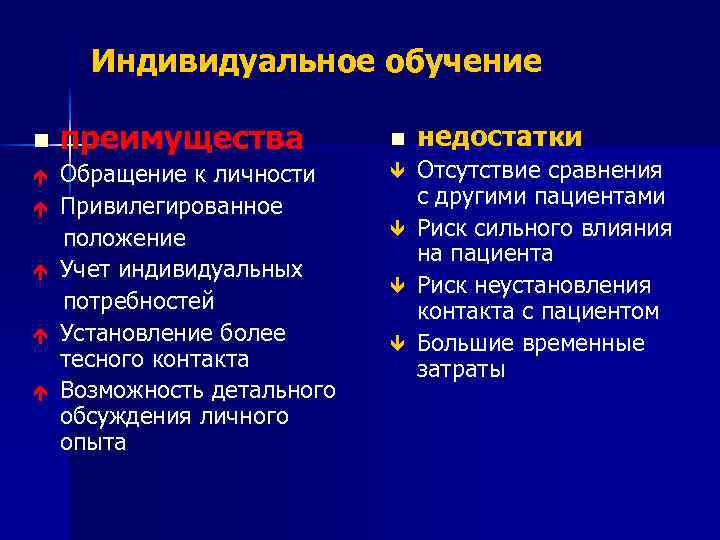 Индивидуальное обучение n é é é преимущества Обращение к личности Привилегированное положение Учет индивидуальных
