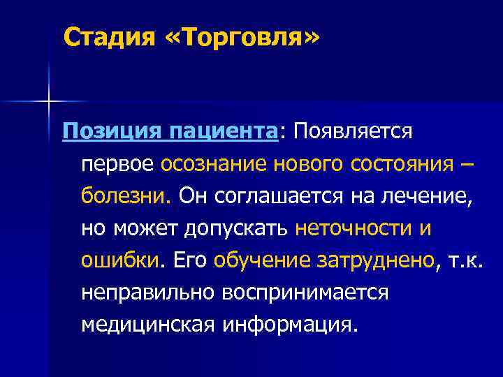 Стадия «Торговля» Позиция пациента: Появляется первое осознание нового состояния – болезни. Он соглашается на