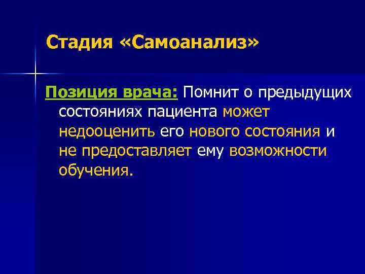 Стадия «Самоанализ» Позиция врача: Помнит о предыдущих состояниях пациента может недооценить его нового состояния