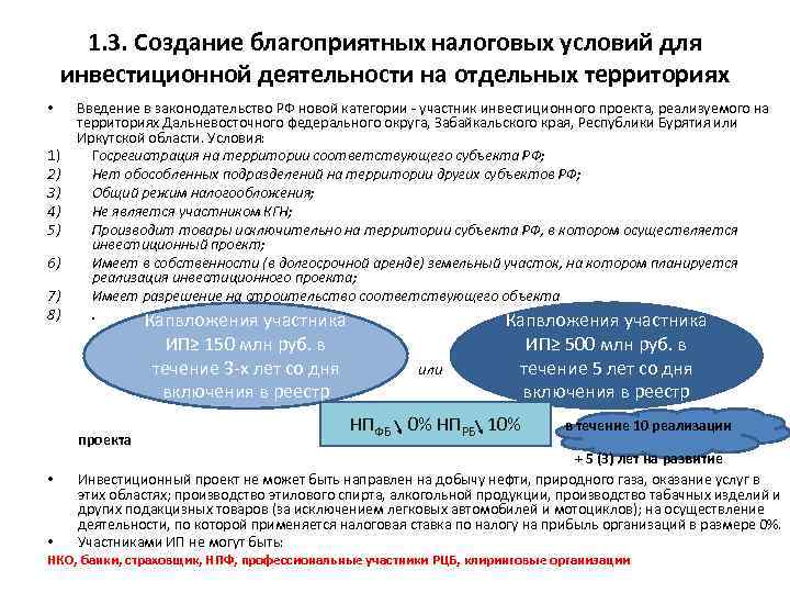 1. 3. Создание благоприятных налоговых условий для инвестиционной деятельности на отдельных территориях • 1)