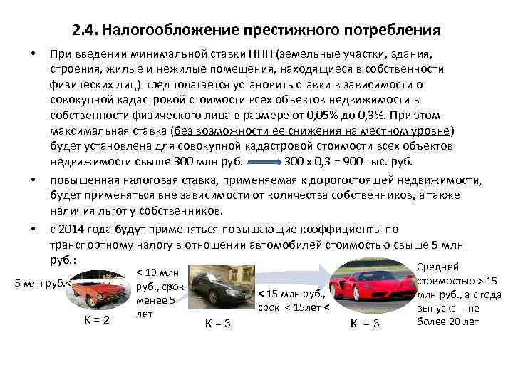 2. 4. Налогообложение престижного потребления • • • При введении минимальной ставки ННН (земельные