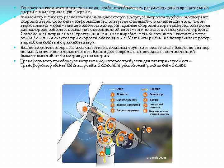Генератор использует магнитные поля, чтобы преобразовать результирующую вращательную энергию в электрическую энергию. Анемометр и