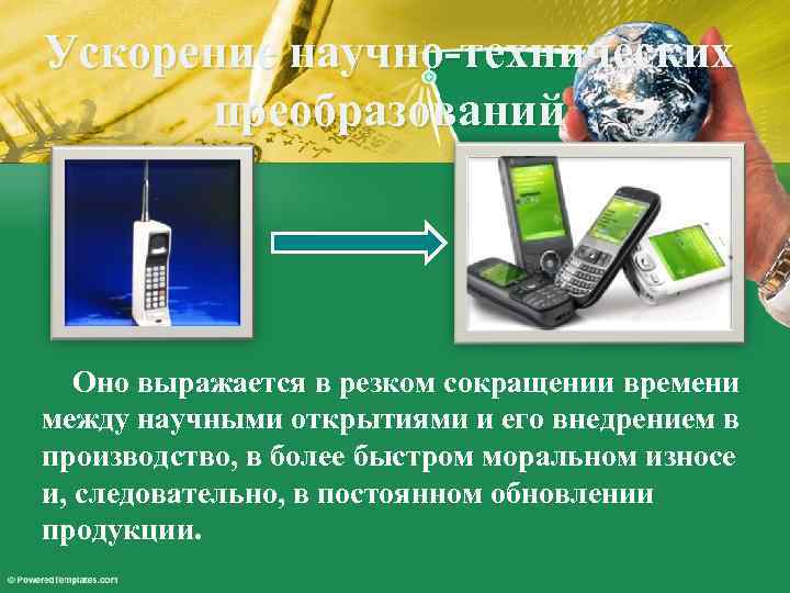 Ускорение научно-технических преобразований Оно выражается в резком сокращении времени между научными открытиями и его
