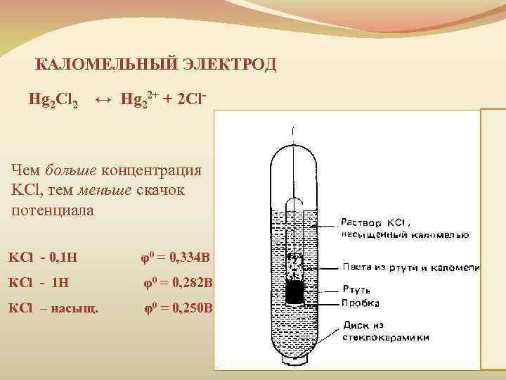 КАЛОМЕЛЬНЫЙ ЭЛЕКТРОД Hg 2 Cl 2 ↔ Hg 22+ + 2 Cl- Чем больше