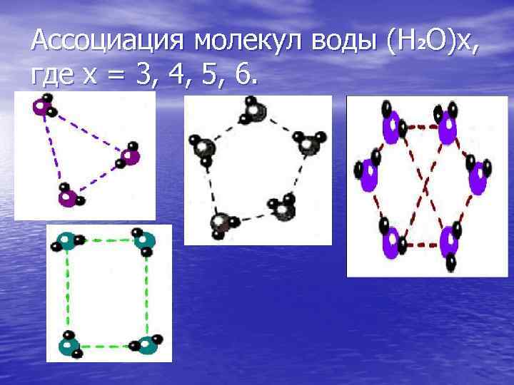 Ассоциация молекул воды (Н 2 О)x, где x = 3, 4, 5, 6. 