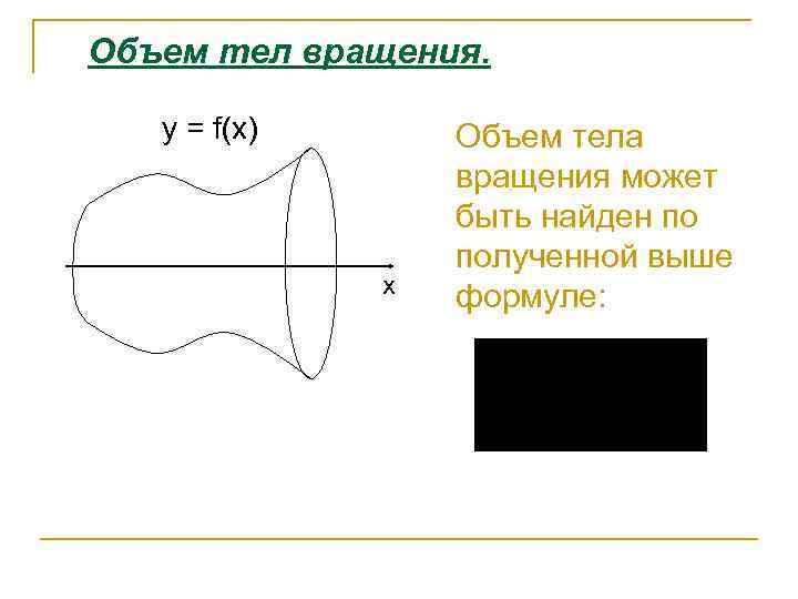 Объем тел вращения. y = f(x) x Объем тела вращения может быть найден по