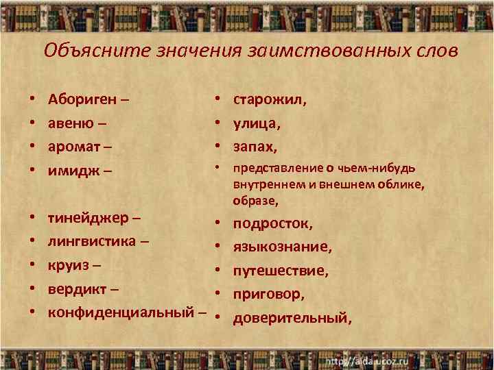 Объясните значения заимствованных слов • • Абориген – авеню – аромат – имидж –