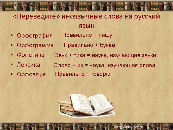  «Переведите» иноязычные слова на русский язык • • • Орфография Правильно + пишу