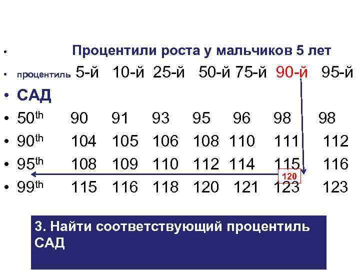 Процентили роста у мальчиков 5 лет • • процентиль • • • САД 50