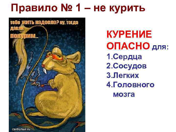 Правило № 1 – не курить КУРЕНИЕ ОПАСНО для: 1. Сердца 2. Сосудов 3.