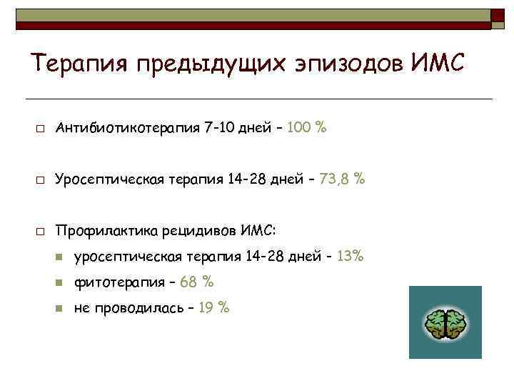 Терапия предыдущих эпизодов ИМС o Антибиотикотерапия 7 -10 дней – 100 % o Уросептическая