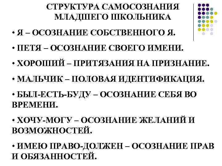 СТРУКТУРА САМОСОЗНАНИЯ МЛАДШЕГО ШКОЛЬНИКА • Я – ОСОЗНАНИЕ СОБСТВЕННОГО Я. • ПЕТЯ – ОСОЗНАНИЕ