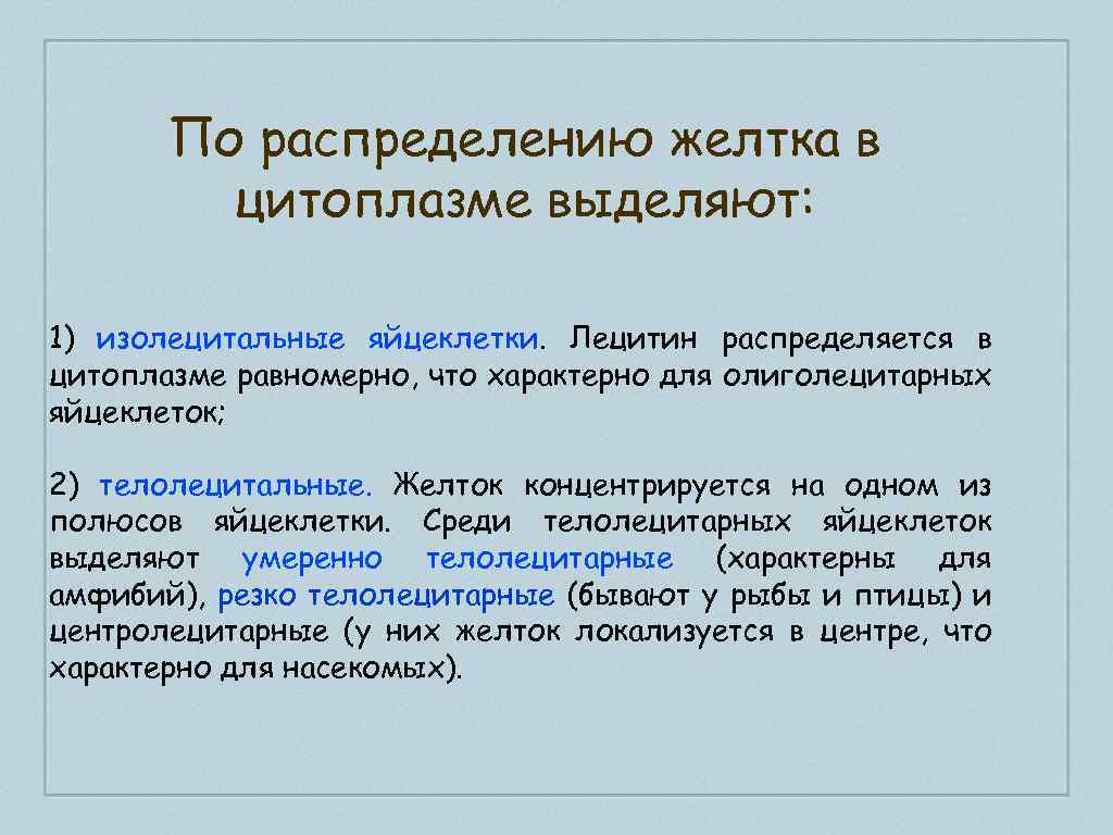 По распределению желтка в цитоплазме выделяют: 1) изолецитальные яйцеклетки. Лецитин распределяется в цитоплазме равномерно,