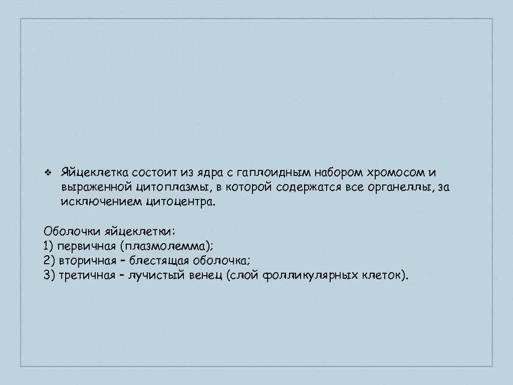 ❖ Яйцеклетка состоит из ядра с гаплоидным набором хромосом и выраженной цитоплазмы, в которой