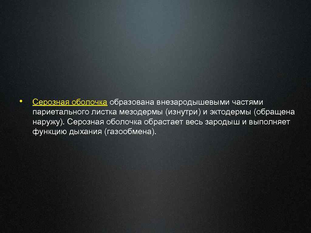  • Серозная оболочка образована внезародышевыми частями париетального листка мезодермы (изнутри) и эктодермы (обращена