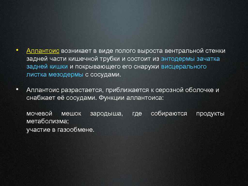  • Аллантоис возникает в виде полого выроста вентральной стенки задней части кишечной трубки