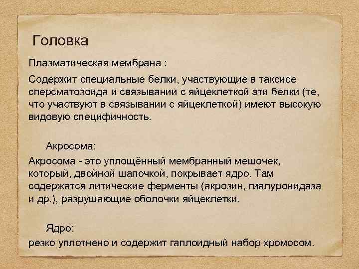 Головка Плазматическая мембрана : Содержит специальные белки, участвующие в таксисе сперсматозоида и связывании с